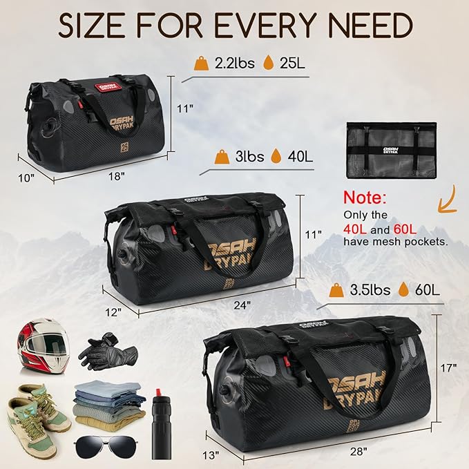 Waterproof Duffel Bag - Motorcycle Dry Bag Tail Bag with Large Storage Space, Waterproof Luggage Duffle Bags with Outer Mesh Zipper Pocket for Camping, Kayaking, Fishing & Traveling