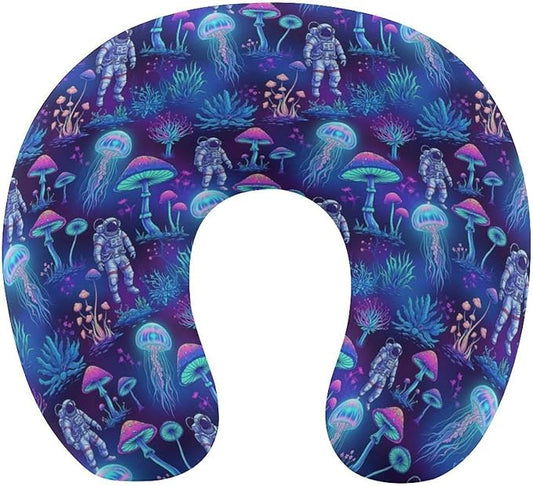 Lightweight Travel Neck Pillow Underwater Jellyfish Astronauts Mushroom Art Memory Foam U Shaped Cushion, Washable Removable Cover for Airplane Car Outdoor Rest