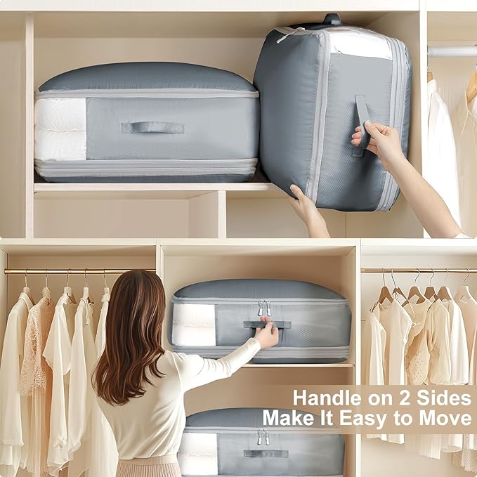 Comforter Storage Bag - Large Capacity Blanket Storage Bags 3-Layer Ultra Space Saving Self Compression Organizer, Washable Compression Bags for Storage Comforter Blanket, 4-Pack, Grey