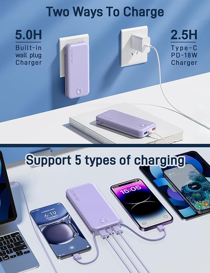 Portable Charger, 12000mAh 22.5W Fast Charging Power Bank with Built-in Cables & Wall Plug, Travel Essential External Battery Pack, USB C Battery Phone Charger for iPhone, iPad, Samsung Purple