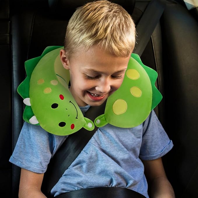 Travel Neck Pillow for Kids, Dinosaur Memory Foam Pillow with Cute Sleep Mask & Earplugs, Lightweight Travelling Pillow Set for Airplane, Car, Train, Bus and Home Use (Green)