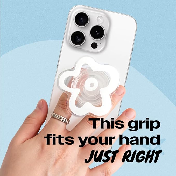 OnTheGrip Cute Transparent Daisy Flower Shape Design Mobile Phone Grip Compatible with Magsafe Multi Functional Collapsible Stand Holder for Smartphone Tablet Cell Phone Accessory (White)