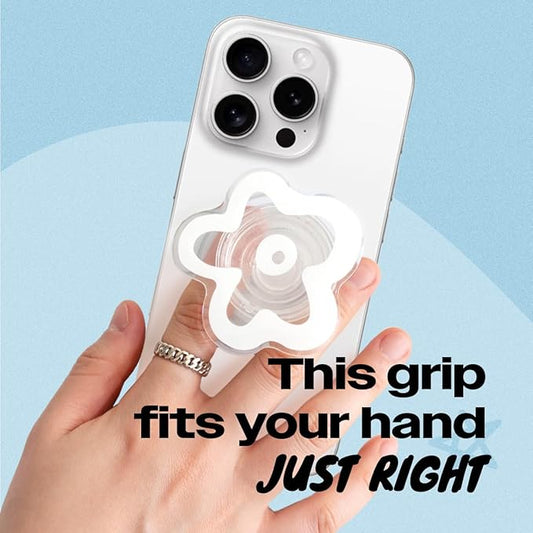 OnTheGrip Cute Transparent Daisy Flower Shape Design Mobile Phone Grip Compatible with Magsafe Multi Functional Collapsible Stand Holder for Smartphone Tablet Cell Phone Accessory (White)