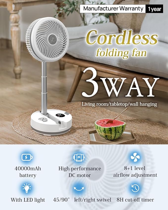10 inch Portable Fan-Battery Operated Fan, Oscillating Rechargeable Fan with 40000mAh, Remote Control LED Lights, 114HR Run Time, Outdoor Portable Foldable Fan for Camping＆travel (White)