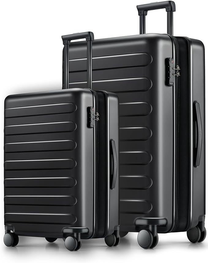 NINETYGO Luggage Sets 2 Piece, Carry On Luggage Airline Approved, Large Checked Luggage with Smooth Spinner Wheels, Expandable, Hard Shell PC Suitcase Sets, TSA Approved, 20in/28in (Black, Rhine Max)