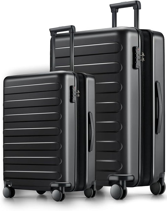 NINETYGO Luggage Sets 2 Piece, Carry On Luggage Airline Approved, Large Checked Luggage with Smooth Spinner Wheels, Expandable, Hard Shell PC Suitcase Sets, TSA Approved, 20in/28in (Black, Rhine Max)