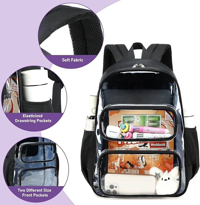 CAMTOP Clear Backpack Heavy Duty Transparent Bag See Through BookBag for Student School Work Festival Sport Travel (Black Cloth)
