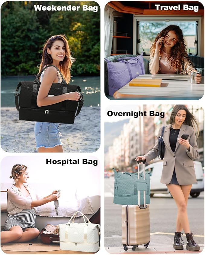 50L Large Travel Duffel Bag with Shoe Compartment & Toiletry Bag for Women, Carry on Bags with Wet Pocket, Purple