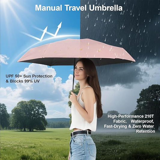 Compact Travel Umbrella - Mini Manual Umbrella for Purse, Windproof & UPF 50+ Sun & Rain Protection, Lightweight Portable Folding with Case for Women, Men，Kids