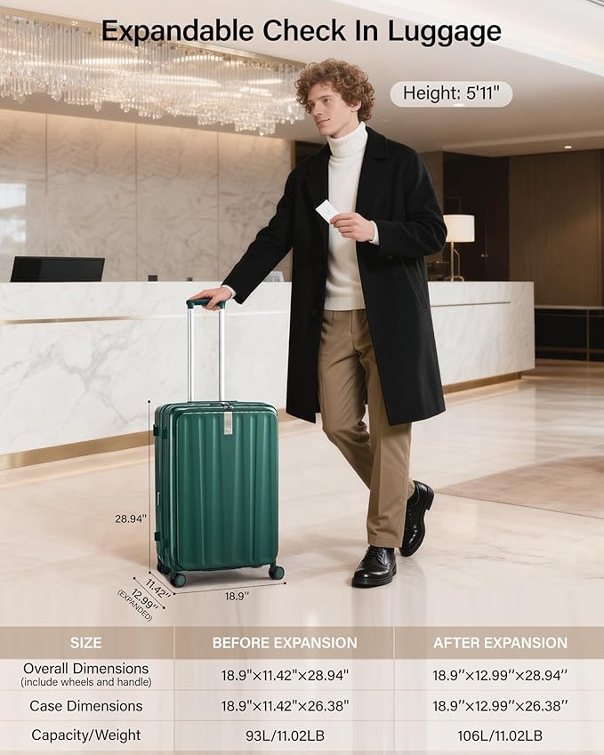 Hanke 26 Inch Expandable Luggage Top Opening Checked Bag Luggage Hard Shell Suitcases with Wheels Lightweight Travel Luggage Heavy Duty Luggage Suitcase with Lock for Woman Men-Blackish Green