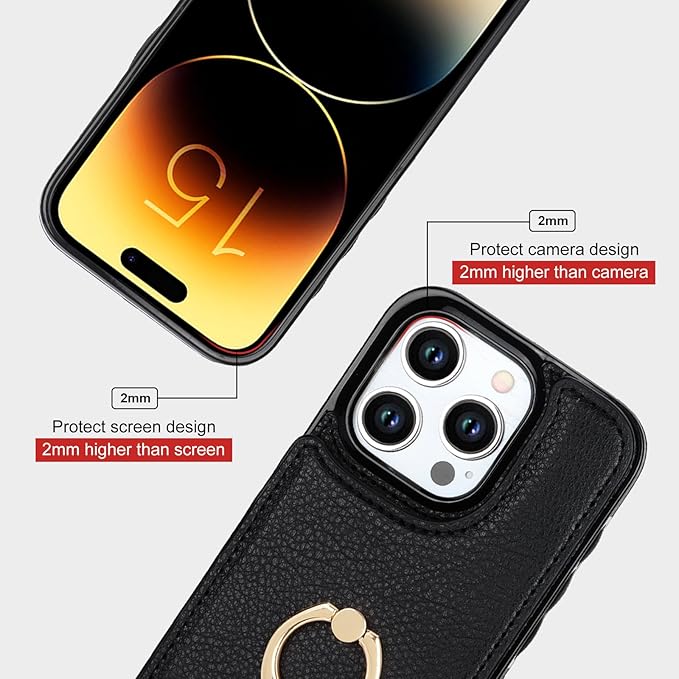 Folosu Compatible with iPhone 15 Pro Case Wallet with Card Holder, 360°Rotation Finger Ring Holder Kickstand, RFID Blocking Leather Protective Double Buttons Shockproof Cover 6.1 Inch Black