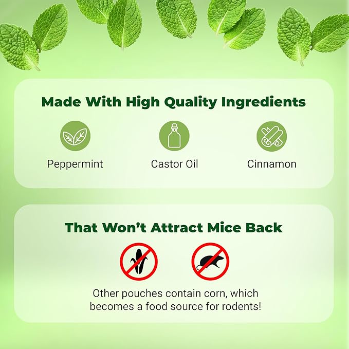 Mighty Mint Mouse Repellent Pouches – Peppermint, Castor Oil & Cinnamon Formula – Natural Indoor Deterrent for Mice and Rodents – Plant-Based, Long-Lasting Protection – 12 Count