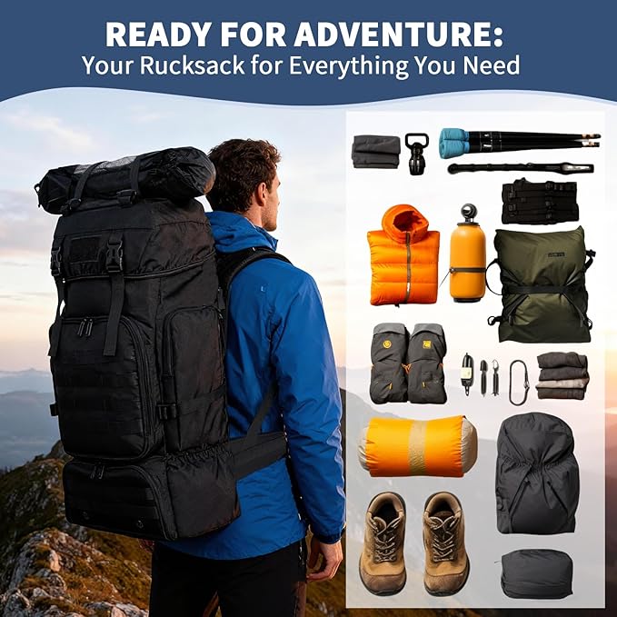 Vaupan 70L Hiking Backpack for Men Women Camping bag with Shoe Compartment Large Military Tactical Backpack, MOLLE Rucksack Sport Travel Backpacking Daypack (Black)