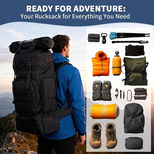 Vaupan 70L Hiking Backpack for Men Women Camping bag with Shoe Compartment Large Military Tactical Backpack, MOLLE Rucksack Sport Travel Backpacking Daypack (Black)