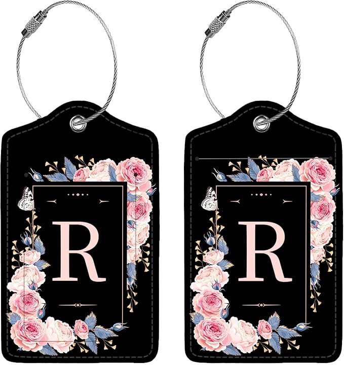 2 Pcs PU Leather Luggage Tag for Suitcases with Privacy Shield and Name ID Tag Address Card Travel Cruise Luggage Tag, Suitable for Men and Women Baggage Handbag Backpack,Flower and Monogram(Letter R
