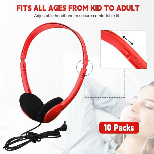 Konohan 10 Pack Headphones Bulk Headphone for School Classroom Student Wired Headphones Adjustable with 3.5 mm Jack for Adults (Red)