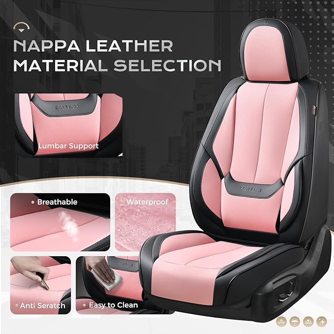 Coverado Car Seat Covers Full Set, Seat Covers for Cars, Black Car Seat Covers Front Seats and Back Car Seat Protector Waterproof, Leather Car Seat Cushion Universal Fit for Most Cars Pink