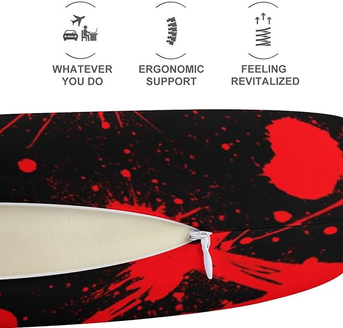 Teens Neck Pillow U-Shaped Memory Foam Travel Support, Red Blood Stains Black U-Shape, Washable Airplane Car Office Pillow
