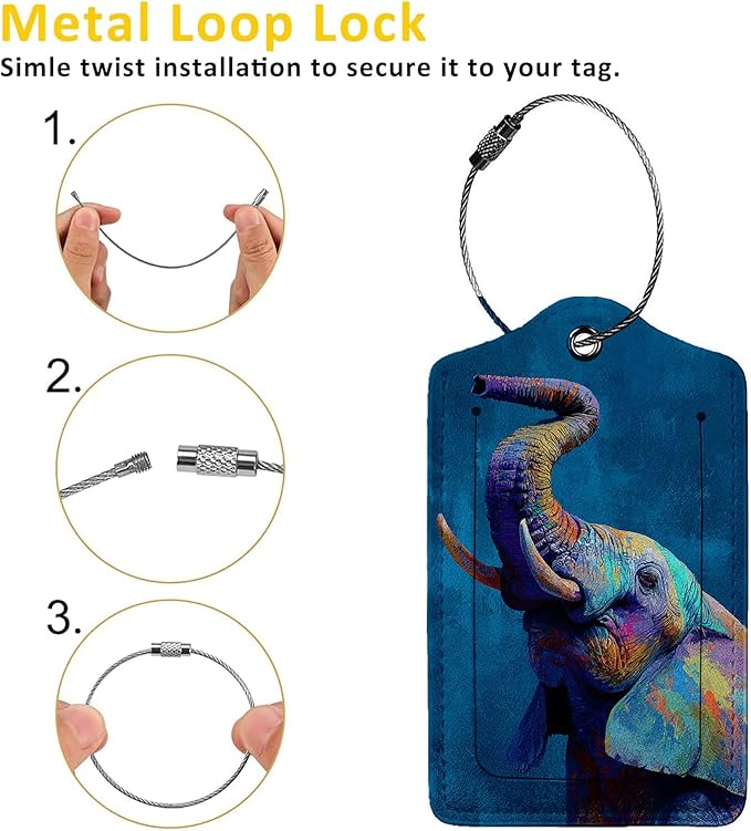 Colorful Elephant 3 Pack Luggage Tags for Suitcases, PU Leather Baggage Suitcases Tag Name ID Label Privacy Cover Travel Bag Tags for Women Men Boys Girls