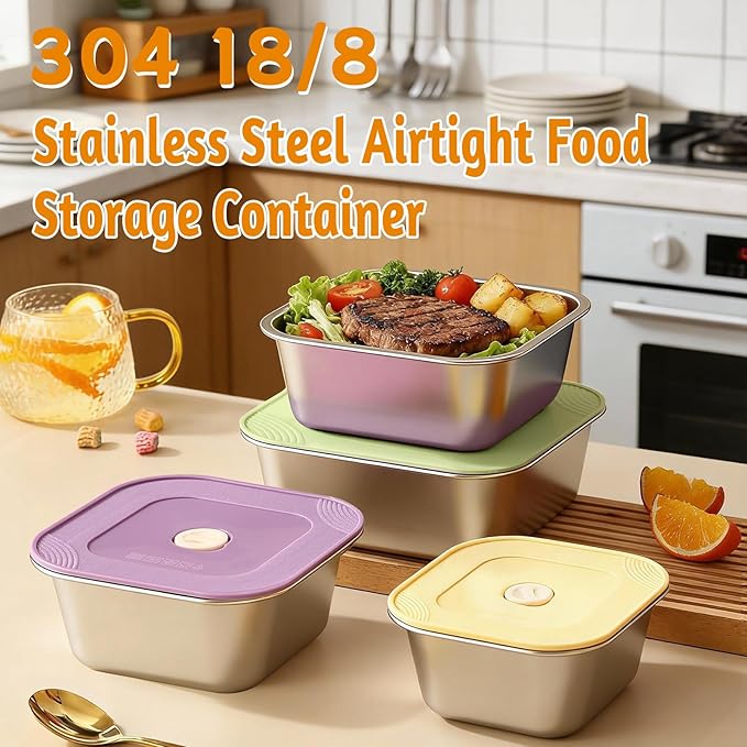 4-Piece Stainless Steel Snack & Lunch Box with Lids Set, Stackable Metal Food Storage Containers with Lids, Airtight Leakproof Lunch Containers , Dishwasher Safe Bento Box(Size 4.5", 5.5", 6.3", 7")