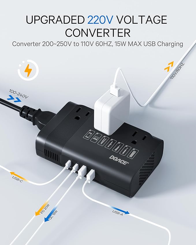 DOACE 220v to 110v Voltage Converter US to Europe: 350W 220 to 110 Voltage Converter for European Travel - International Power Adapter Plug Combo Step Down Transformer Black