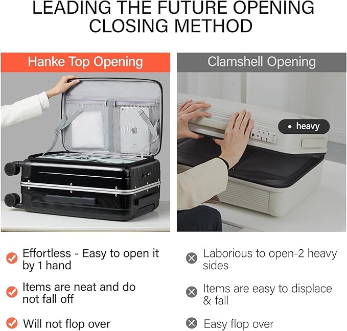 Hanke 20 Inch Carry-On Luggage PC Hard Shell Suitcases for Travel Front Opening Aluminum Frame Travel Luggage Rolling Suitcase with Wheels for Women Man Gifts.(Jet Black)