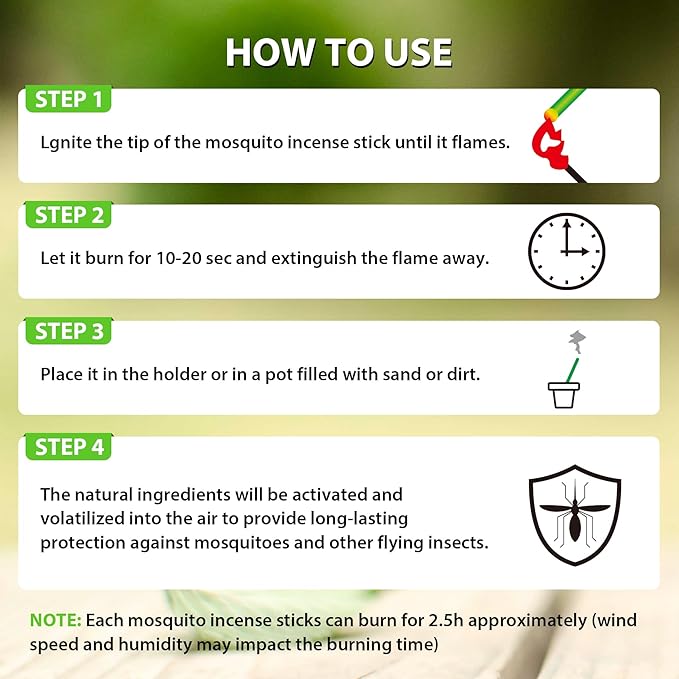 BugBai® Mosquito Repellent Outdoor Patio, 24PCS Natural Citronella Incense Sticks with Plant-Based Essential Oil of Lemongrass Rosemary, DEET-Free 2.5H Protection for Indoor Home Yoga Camping Fishing