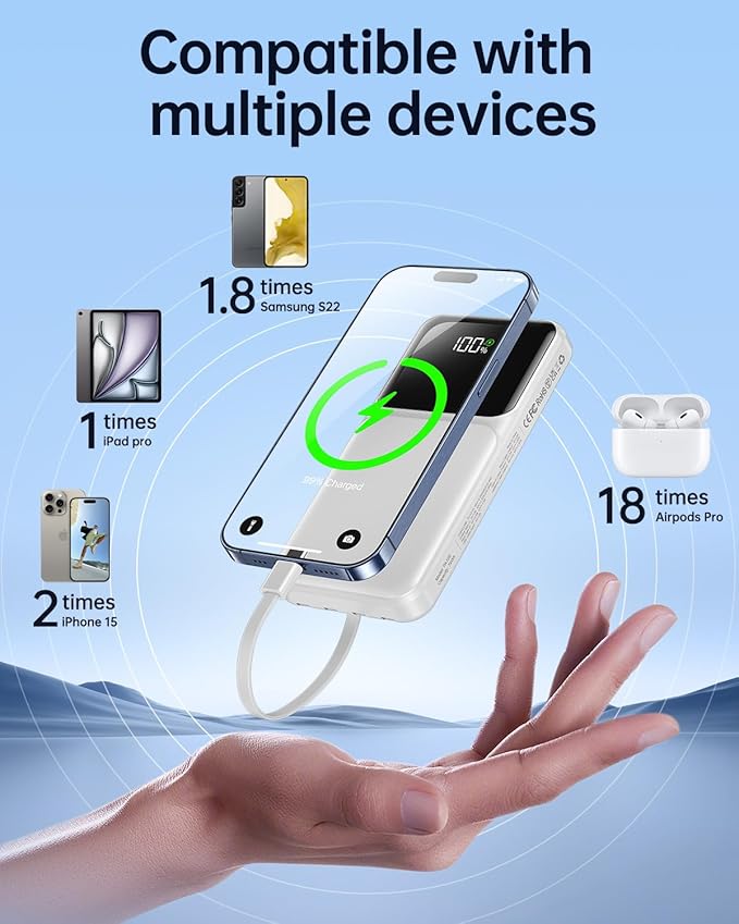 Portable Charger with Built in Cable - Power Bank Fast Charging USB C LED Display 10000mah Battery Pack 5 Outputs & 3 Inputs for Travel Essentials iPhone Samsung Android Phones Tablets Grey