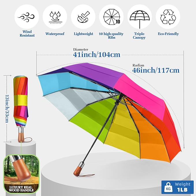 Umbrellas for Rain, 47" Large Windproof Travel Umbrella, Triple-Layer Vented Canopy, 10 Fiberglass Ribs, Auto Open Close Compact Umbrella, Wooden Handle, Heavy Duty for Commute, Gifts for Men & Women