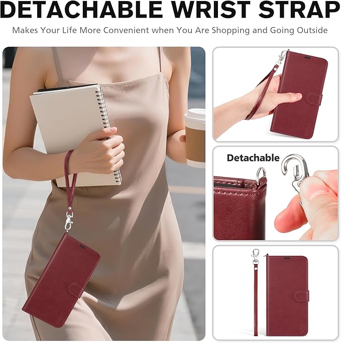 TUCCH Case Wallet for iPhone Air (6.5-Inch) 2025, Wrist Strap | Stand | RFID Blocking | 4 Card Holders | TPU Shockproof Inner Shell | PU Leather | Magnetic Folio Cover | Dark Red