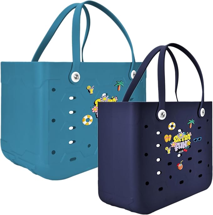 2-Piece Tote Bag Set, Waterproof Rubber Beach Bag with Summer Pattern, Medium & Large Handbag for Pool, Beach, Boat