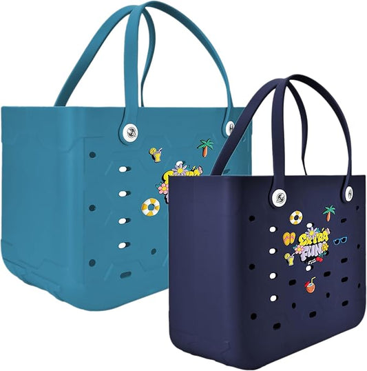 2-Piece Tote Bag Set, Waterproof Rubber Beach Bag with Summer Pattern, Medium & Large Handbag for Pool, Beach, Boat