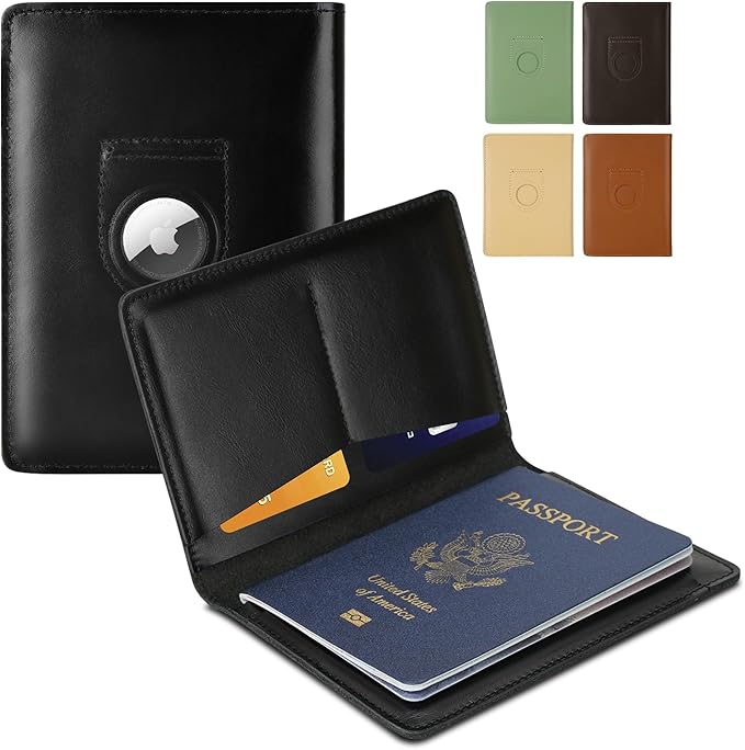 Full Grain Leather AirTag Passport Holder Wallet Cover for Men and Women Travel, Passport Holder with AirTag Slot Passport Wallet, Travel Essentials Genuine Leather Passport Cover Gifts (Black)