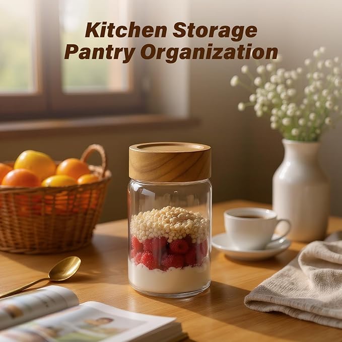 Zoaiirte 2pc Glass Mason Jars with Acacia Wood Airtight Lids - Overnight Oats & Food Storage Container Set, Clear Stackable Leakproof Kitchen Canisters for Meal Prep/Snack Organization/Spice Storage