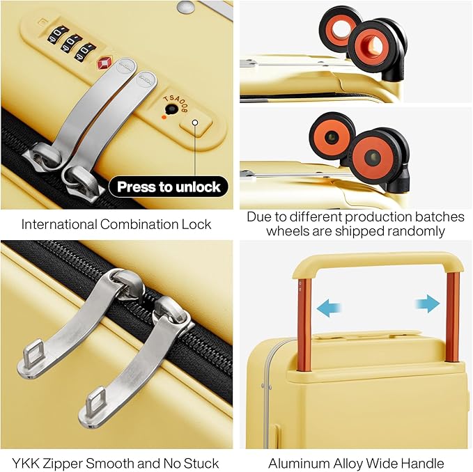 mixi Carry On Luggage Wide Handle Luxury Design Rolling Travel Suitcase PC Hardside with Aluminum Frame Hollow Spinner Wheels, with Cover, 20 inch, Lark Yellow