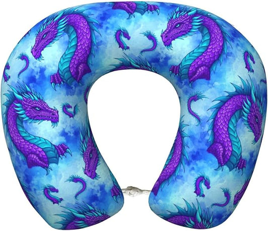 Memory Foam Airplane Pillow Purple Dragon for Car Chin Head Neck Supporting, U Shape Pillows Travel Cushion for Office, Nap Sleeping