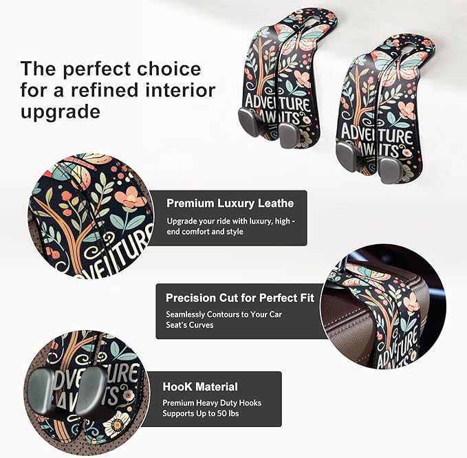 CoBak Purse Hook for Car - Universal Premium Stitched Leather and Aluminum-Magnesium Alloy Double Car Seat Back Storage Hook for Purses, Handbags, Bags (2 Pack),Wander Bloom