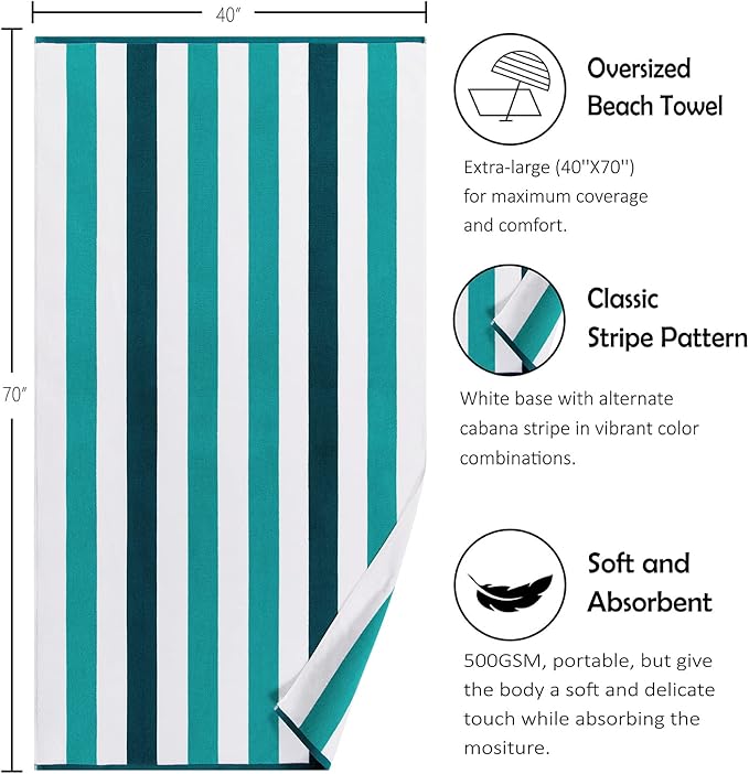 Cotton Oversized Beach Towel - Extra Large 40"X70" Plush Thick Pool Towel, XL Fluffy Cyan Green Beach Towels Stripe Swimming Towel for Adults Mens Women