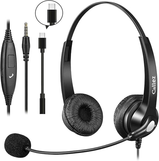 Callez Wired Computer Headset, 3.5mm/USB-C Headset with Mic Noise Cancelling for Work, Cell Phone Headphone for PC Laptop Mac iPhone Samsung Zoom Teams Call Center Home Office, in-line Controls