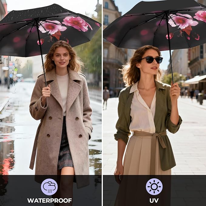 LLanxiry Compact Travel Umbrella, 44" Canopy, Automatic Open/Close Windproof Umbrella, 210T Pongee, 8-Rib Fiberglass, Travel Size Mini, Portable Rain/Sun Umbrellas UPF 50+ with Cover