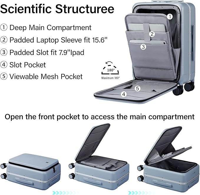 MILADA Carry On Luggage 22x14x9 Airline Approved Spinner Wheels TSA Luggage Hard Shell Suitcases Front Opening Pocket For Women Men Rolling Aluminum Frame Travel Luggage 20 Inch, Grey