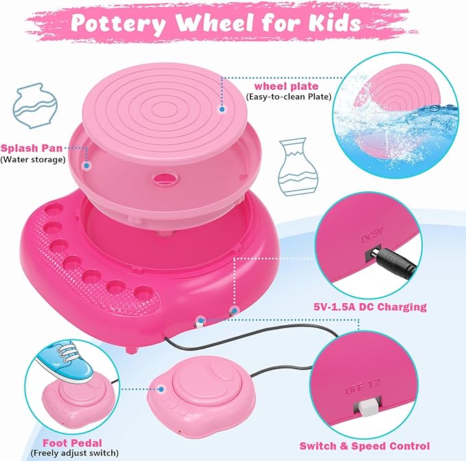 TingingYuli Pottery Wheel for Kids,Complete Pottery Kit and Tools for Beginners,Arts and Crafts Toys for Kids Ages 8-12,Art Supplies Birthday Gifts for Boy Girl Age 6 7 8 9 10 11 12 (Rose)