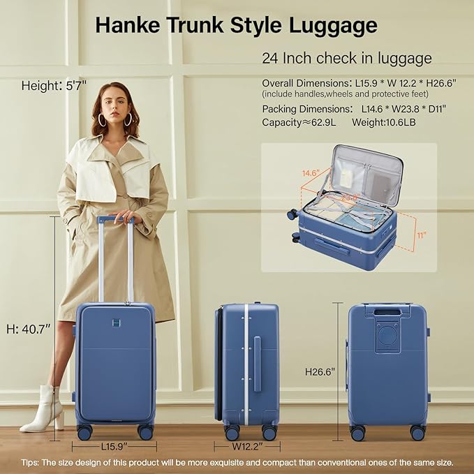 Hanke 24 Inch Luggage with Cup Holder and Charge,Top Opening Hard Shell Suitcases with Wheels and Dividers,Aluminum Frame Trunk Luggage Medium Checked Suitcase with Lock for Travel,Interstellar Blue