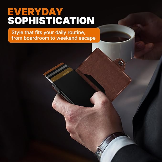 Conceal Plus Wallet for Men, Pop Up Wallet Credit Card Holder - RFID Blocking, Slim Minimalist Credit Card Case (Distressed Brown Genuine Leather)