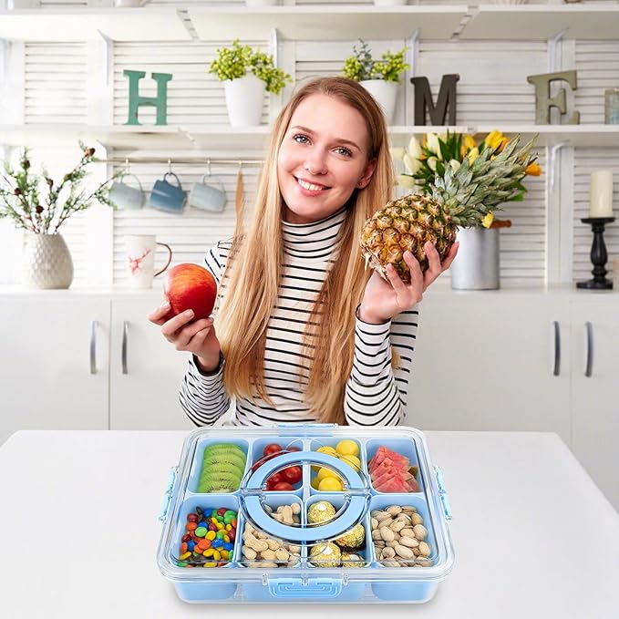 Divided Serving Tray with Lid and Handle,8 Compartments Snacks Box,Snack Fruit Veggie Tray,Portable Platter for Candy Fruits Nuts Snack Party Entertaining Picnic (Blue)