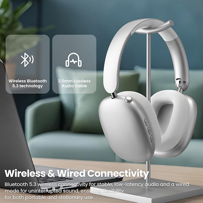 Wentronic Y01 Wireless Noise Canceling Headphones Bluetooth 5.3 Over Ear Headphones with Microphone, Hi-Res Audio, 48H Playtime, Foldable Comfortable Earpads,Compatible with iOS,Android,PC, Silver