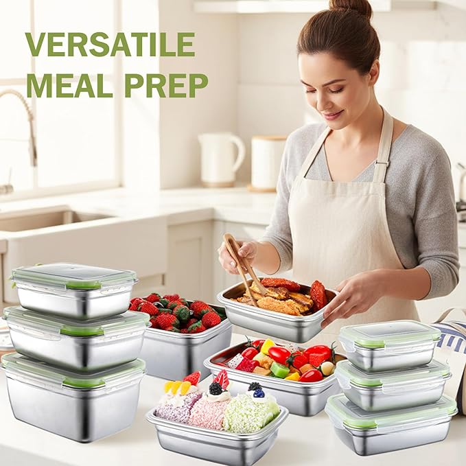 Teecyhooo 12 Pcs 304 Stainless Steel Food Storage Containers with Leakproof Airtight Lids 95/61/28/25/18/12 oz Meal Prep Container Stackable Bento Lunch Snack Box for Kitchen Travel Picnic Camping