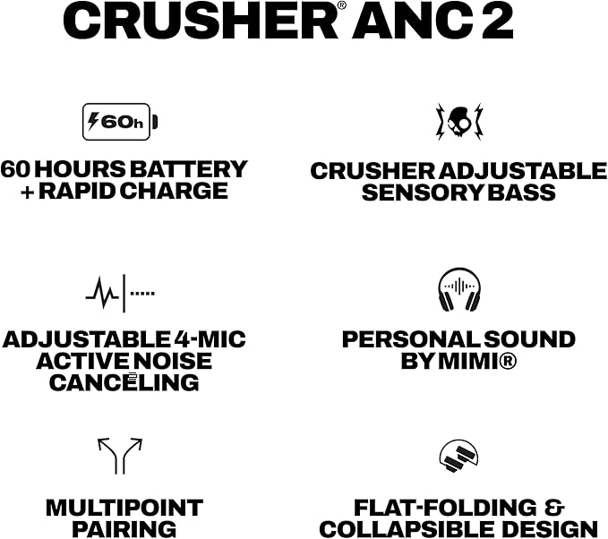 Skullcandy Crusher ANC 2 Wireless Over-Ear Bluetooth Headphones with Multi-Sensory Bass, Active Noise Cancelling, Up to 60 Hours Battery, Microphone for iPhone Android - Leopard
