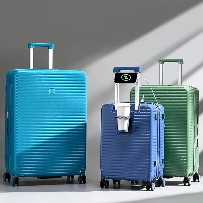 Hard Shell Suitcases Expandable Travel Luggage Sets 2 Piece, Carry on and Check in Luggage Lightweight Suitcase Set 2 Piece with Wheels Cup Holder Charger Built in (White, 20/28)