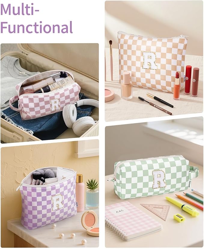 Narwey 2 Piece Personalized Initial Makeup Bag Checkered Cosmetic Bags, 6 8 10 11 12 13 14 16 18 Years Old Teen Girl Gifts Trendy Stuff Birthday Gifts for Women, Travel Toiletry Bag (Purple Letter R)